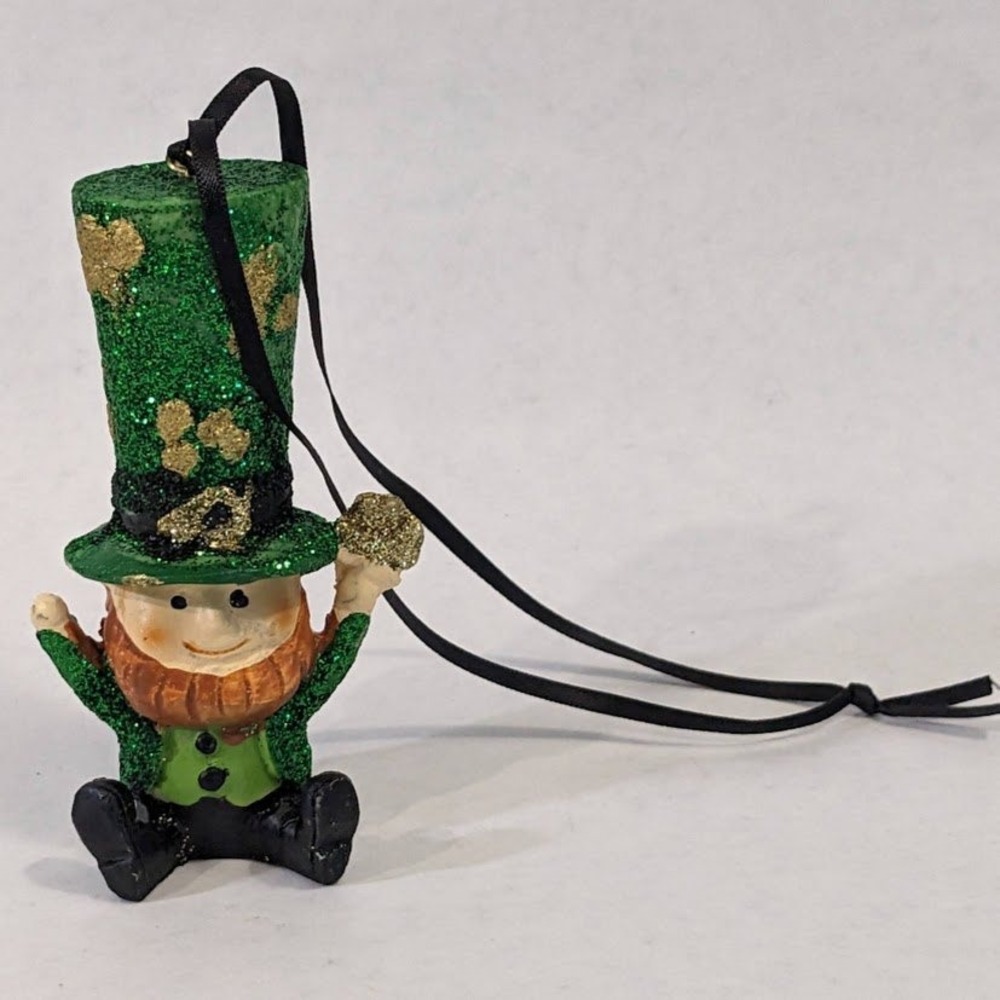 Leprechaun St Patricks Day Ornament Green Glitter Gold Shamrock Lucky Charm 4in